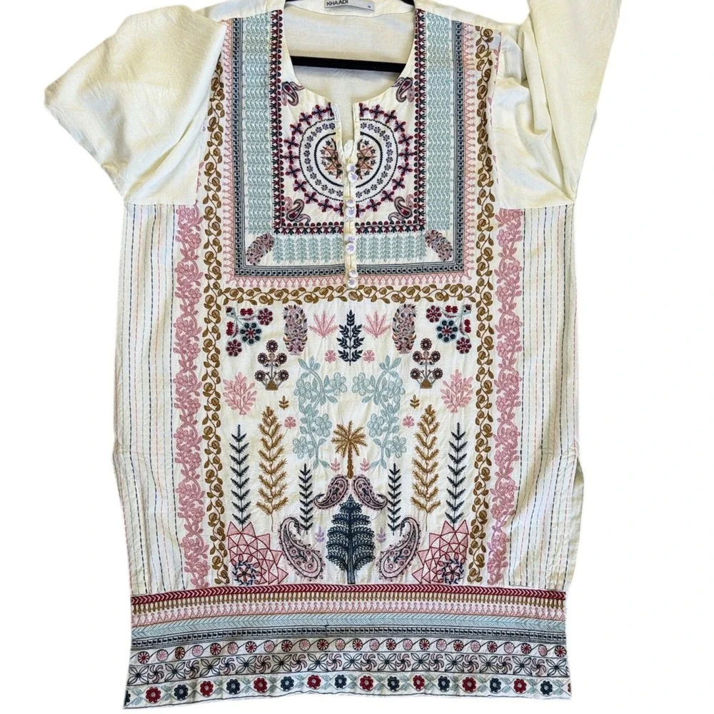 Khaadi Women Embroidered Kurta Tunic Off-White Viscose Cotton Sz 14 Long Sleeve